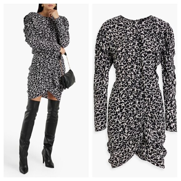 Isabel Marant Etoile Selwyn Ruched Printed Mini Dress Long Sleeve Black White 34 - Picture 1 of 12